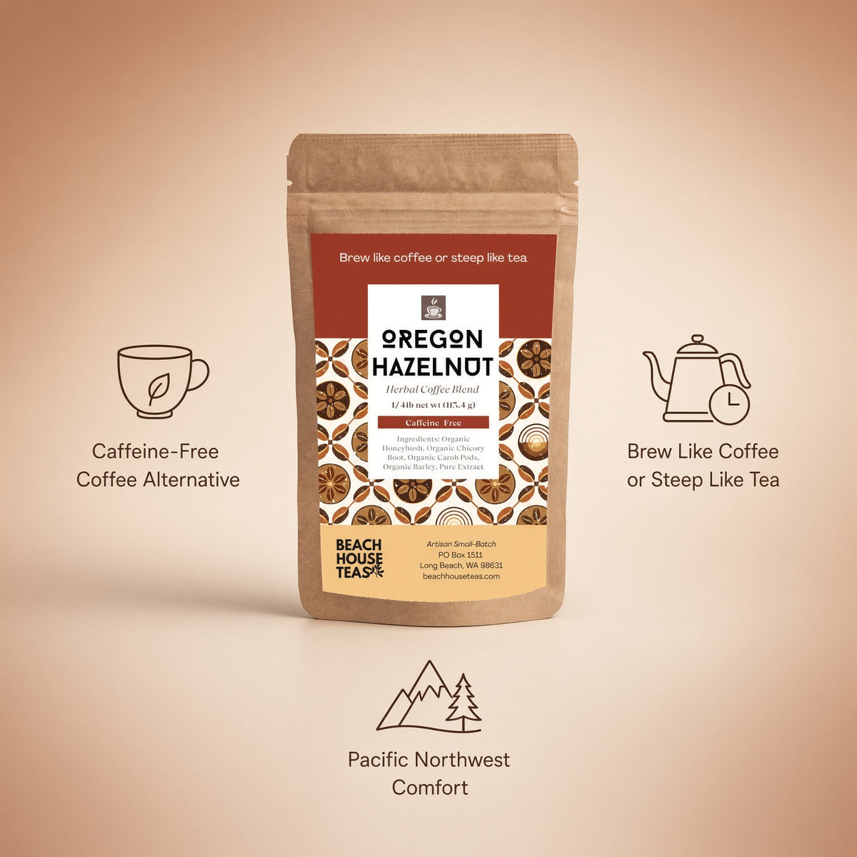 Oregon Hazelnut herbal coffee pouch on a tan background with cup, kettle, and mountain icons and product highlights