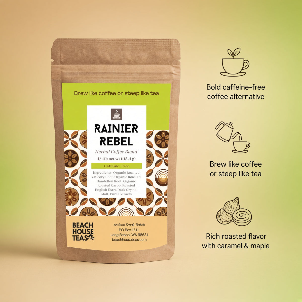 Rainier Rebel herbal coffee pouch on a tan and green background with brewing icons and product highlights