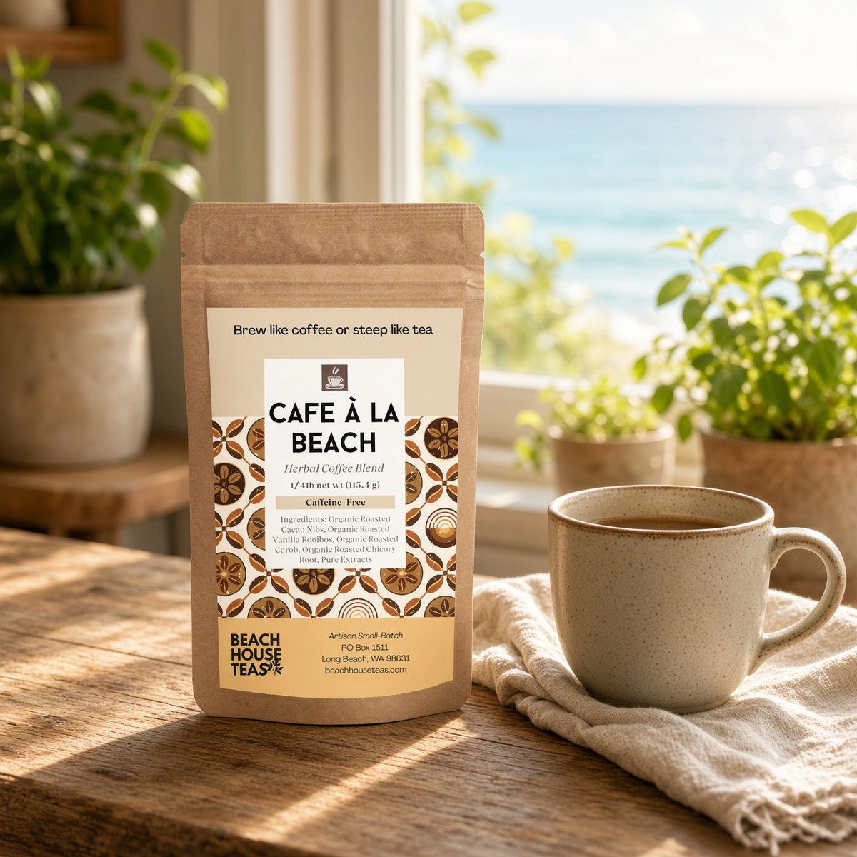 Café à la Beach Herbal Coffee pouch beside a mug on a wooden counter near a sunny window