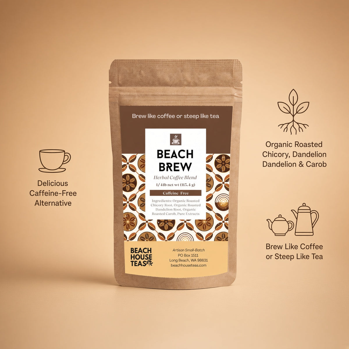 Beach Brew Herbal Coffee pouch on a tan background with ingredient and brewing illustrations