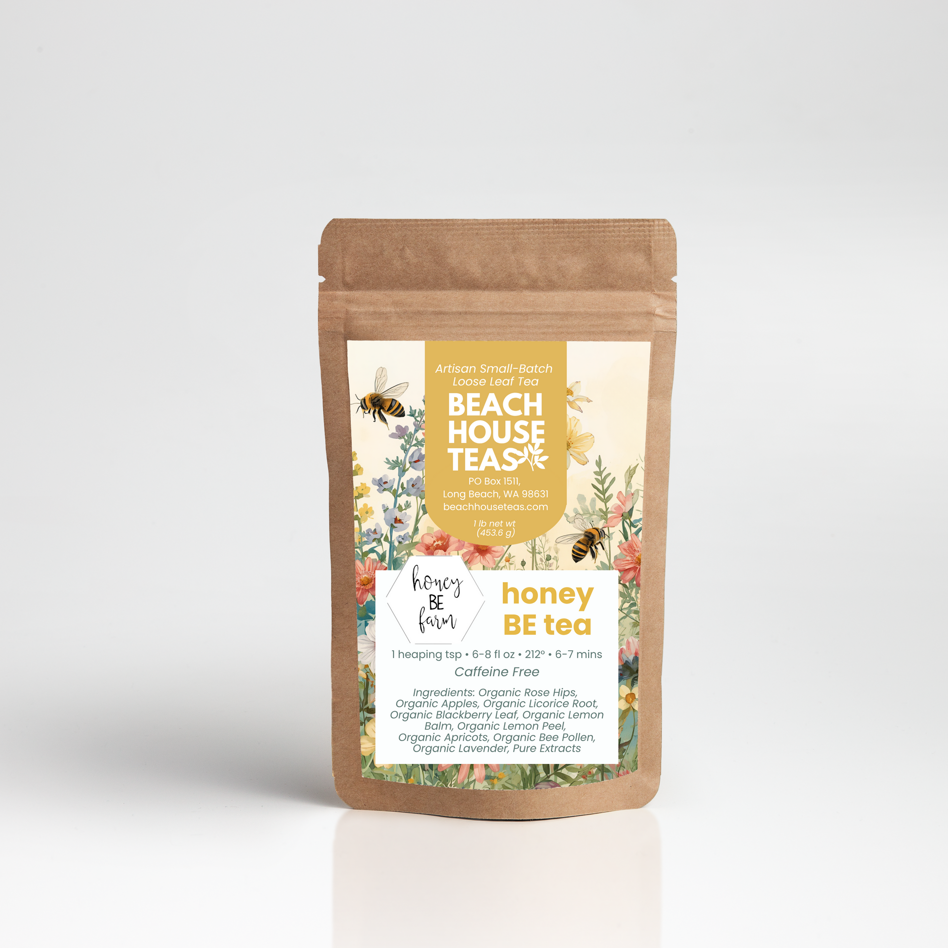 Beach House Teas honey BE Tea package on a white background