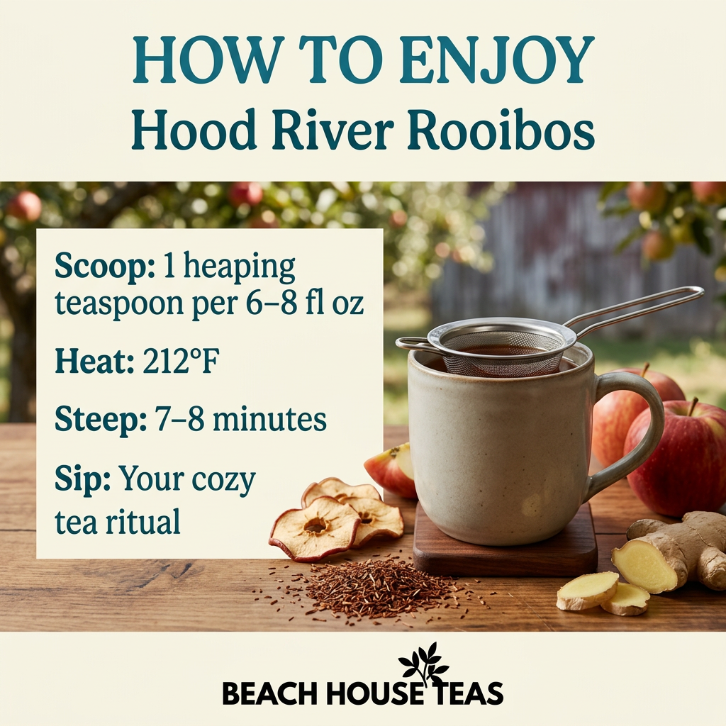 Hood River Rooibos brewing guide: one heaping teaspoon per 6–8 fl oz, 212°F water, steep 7–8 minutes, with mesh strainer, apples, ginger and rooibos.