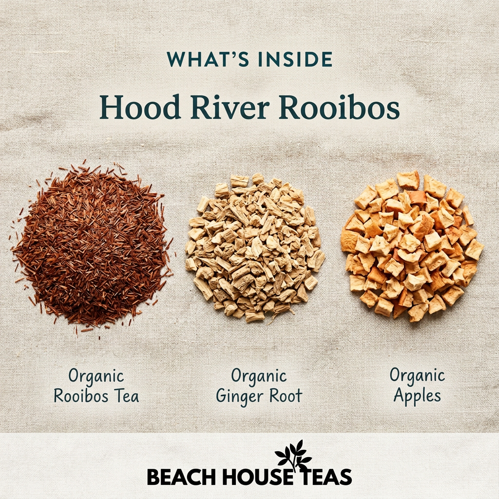 Hood River Rooibos ingredients: organic rooibos tea, organic ginger root and organic apples, with horizontal Beach House Teas logo and no packaging.