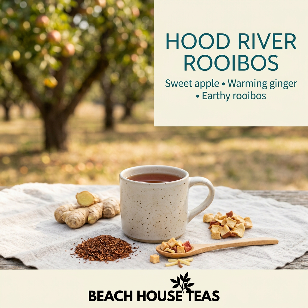 Hood River Rooibos packaging-free hero slide with ceramic mug of tea, rooibos, ginger and apple pieces in an orchard setting, with sweet apple, warming ginger and earthy rooibos notes.