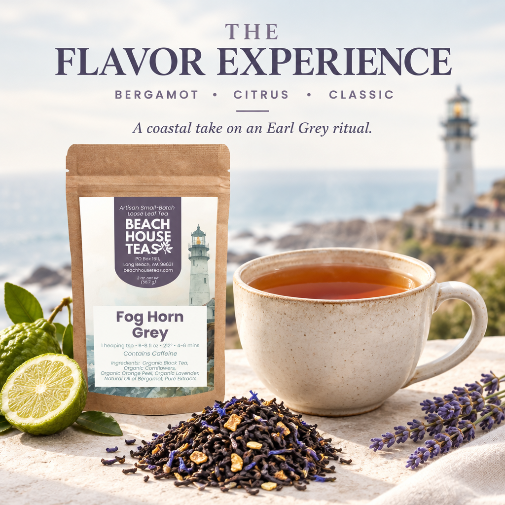 Fog Horn Grey pouch and brewed tea with bergamot, lavender and loose leaves, highlighting bergamot and citrus flavors.