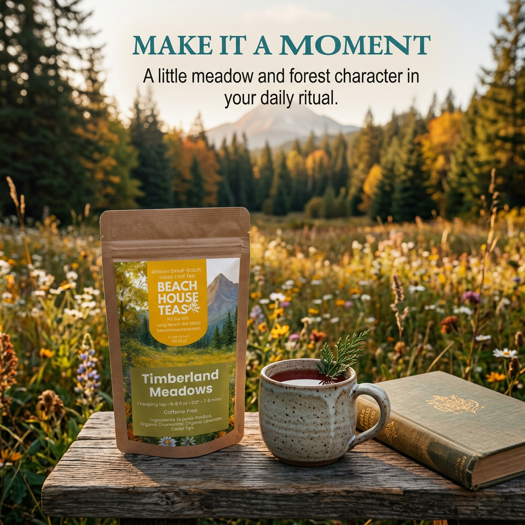Timberland Meadows woodland tea ritual lifestyle slide with ceramic mug.