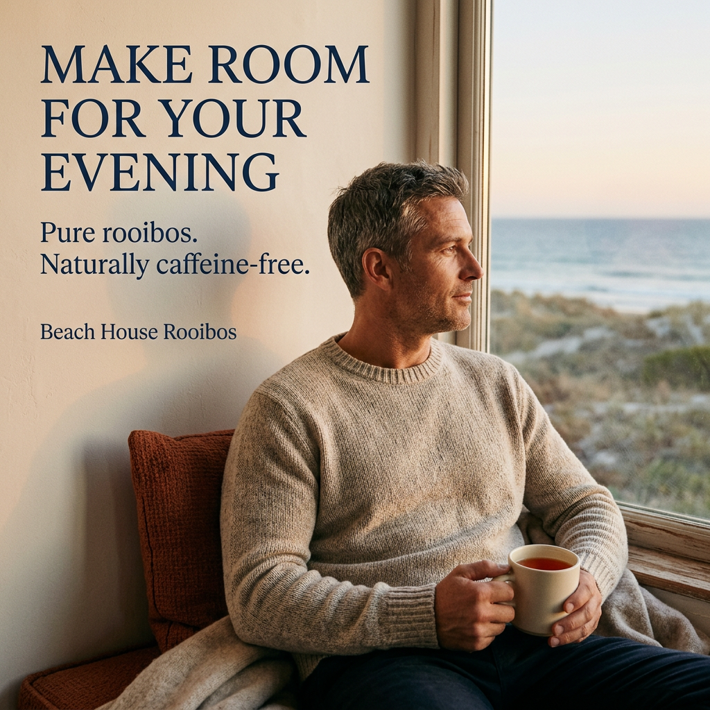 A man in an oatmeal sweater, with his full head and face visible, holds a cream mug of amber rooibos by a coastal cottage window. Make room for your evening. Pure rooibos. Naturally caffeine-free. Beach House Rooibos.