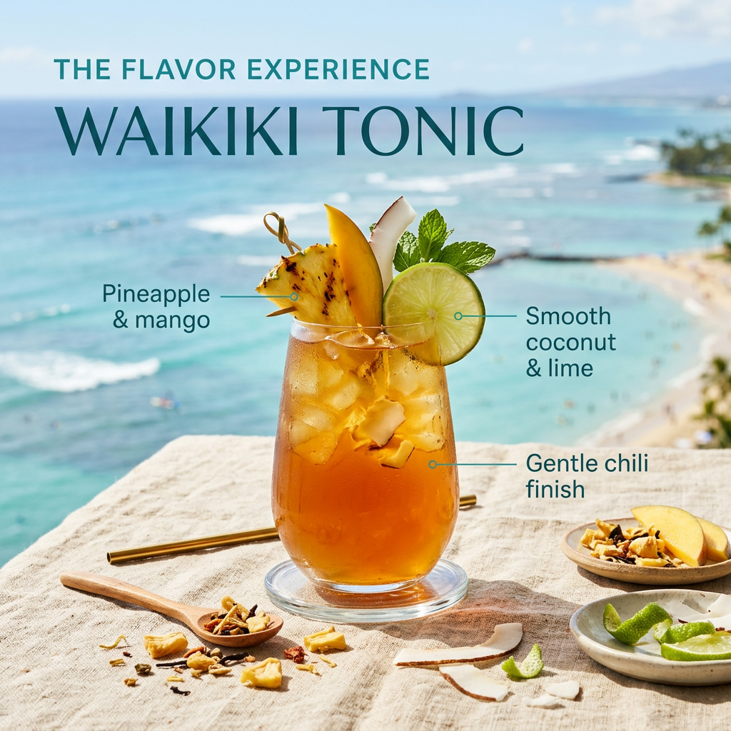 Waikiki Tonic flavor slide highlighting pineapple, mango, coconut, lime and gentle chili.