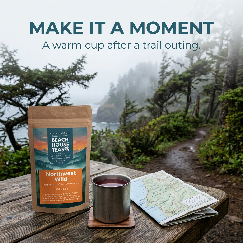 Northwest Wild trail-side tea ritual lifestyle slide.