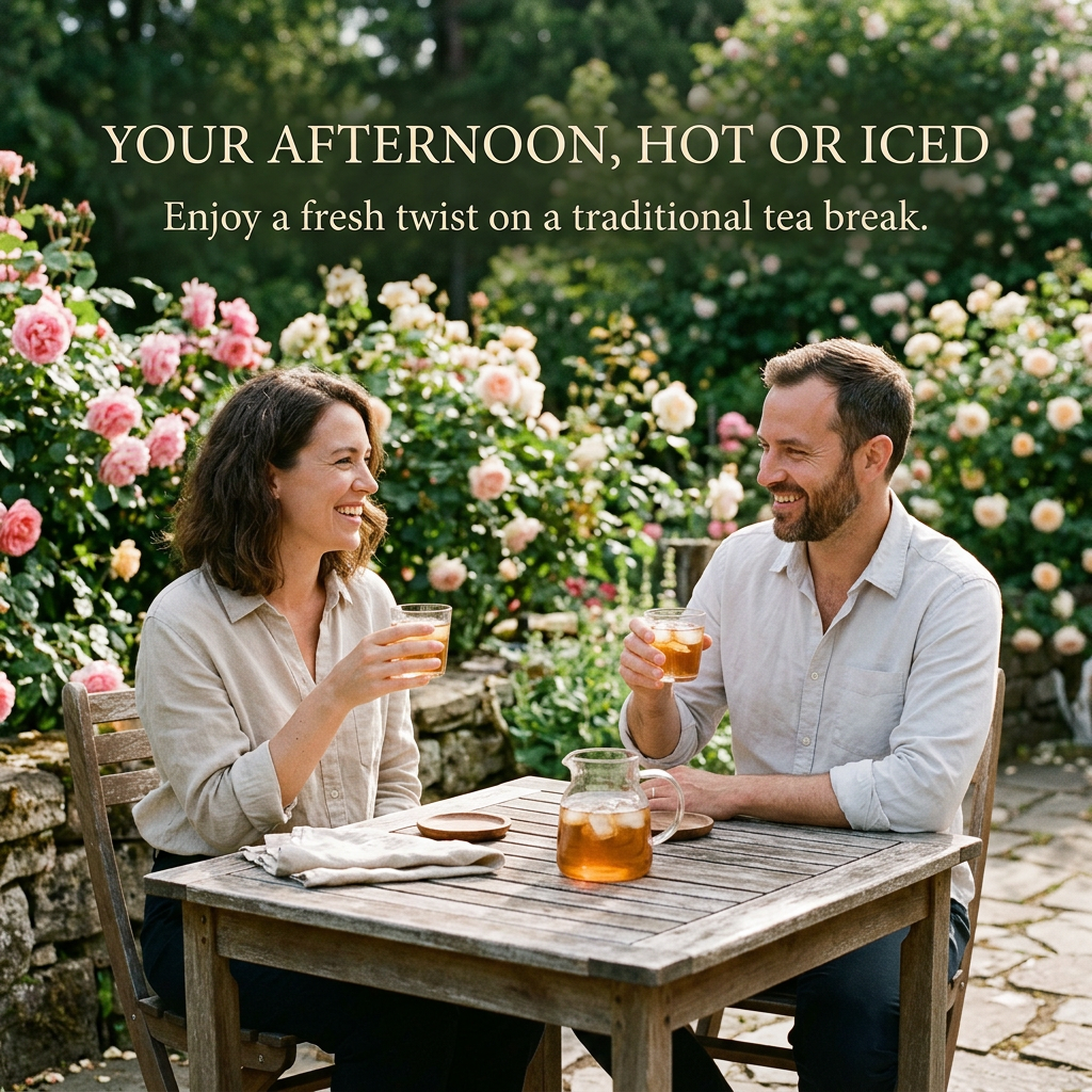 Two adults enjoying iced amber tea on a rose garden patio.
