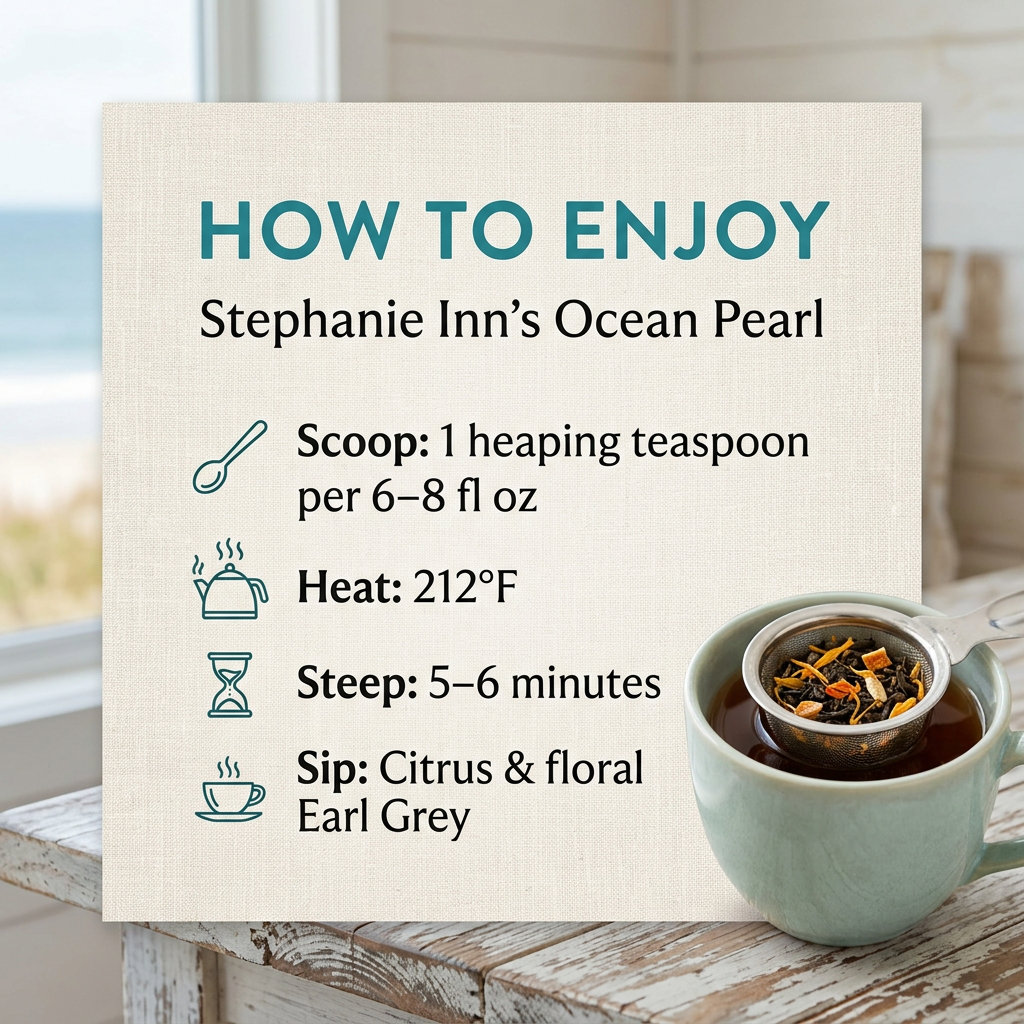Ocean Pearl brewing guide: one heaping teaspoon per 6–8 fl oz, 212°F water, steep 5–6 minutes.