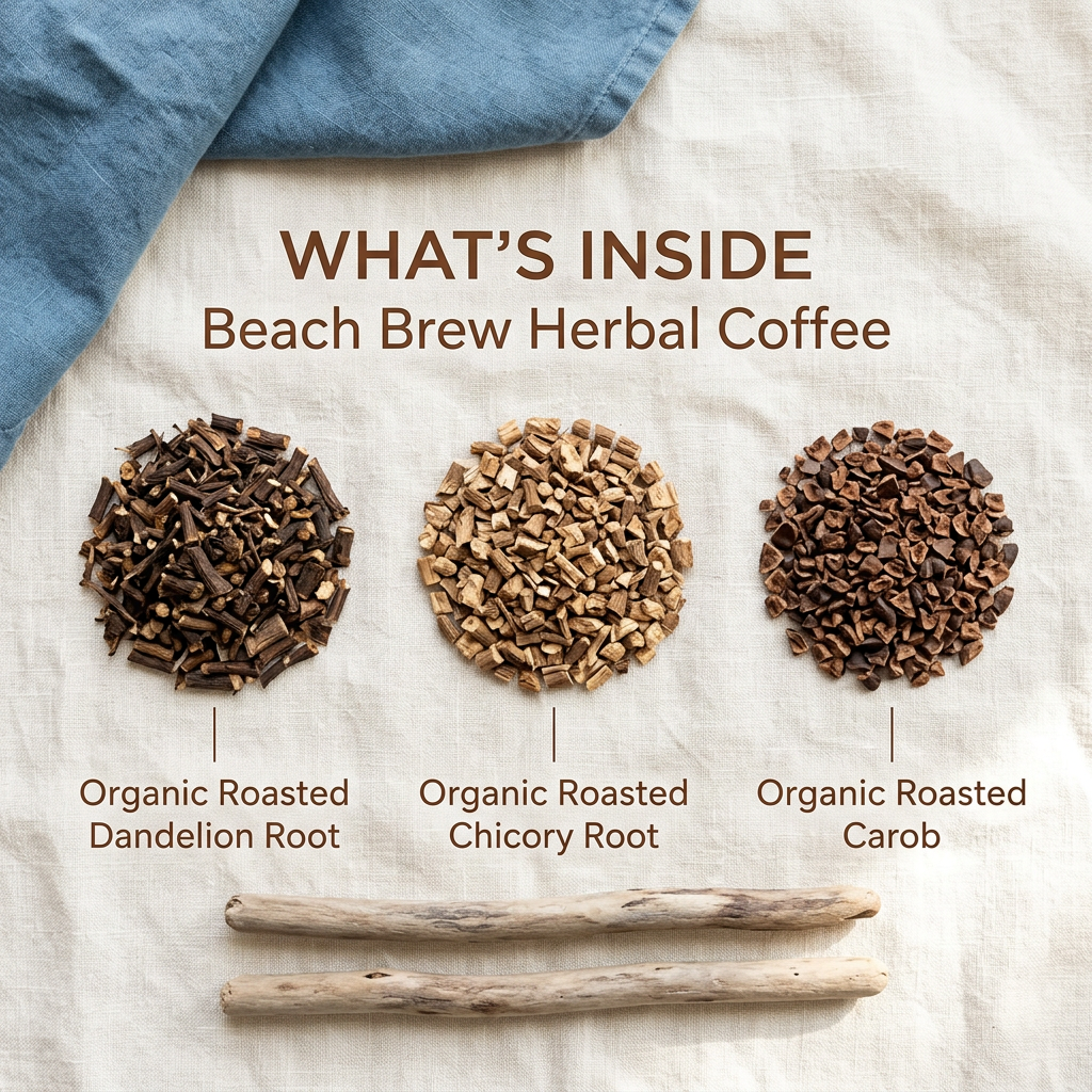 Beach Brew Herbal Coffee ingredient slide listing organic roasted dandelion root, organic roasted chicory root and organic roasted carob on cream linen with blue cloth and driftwood.