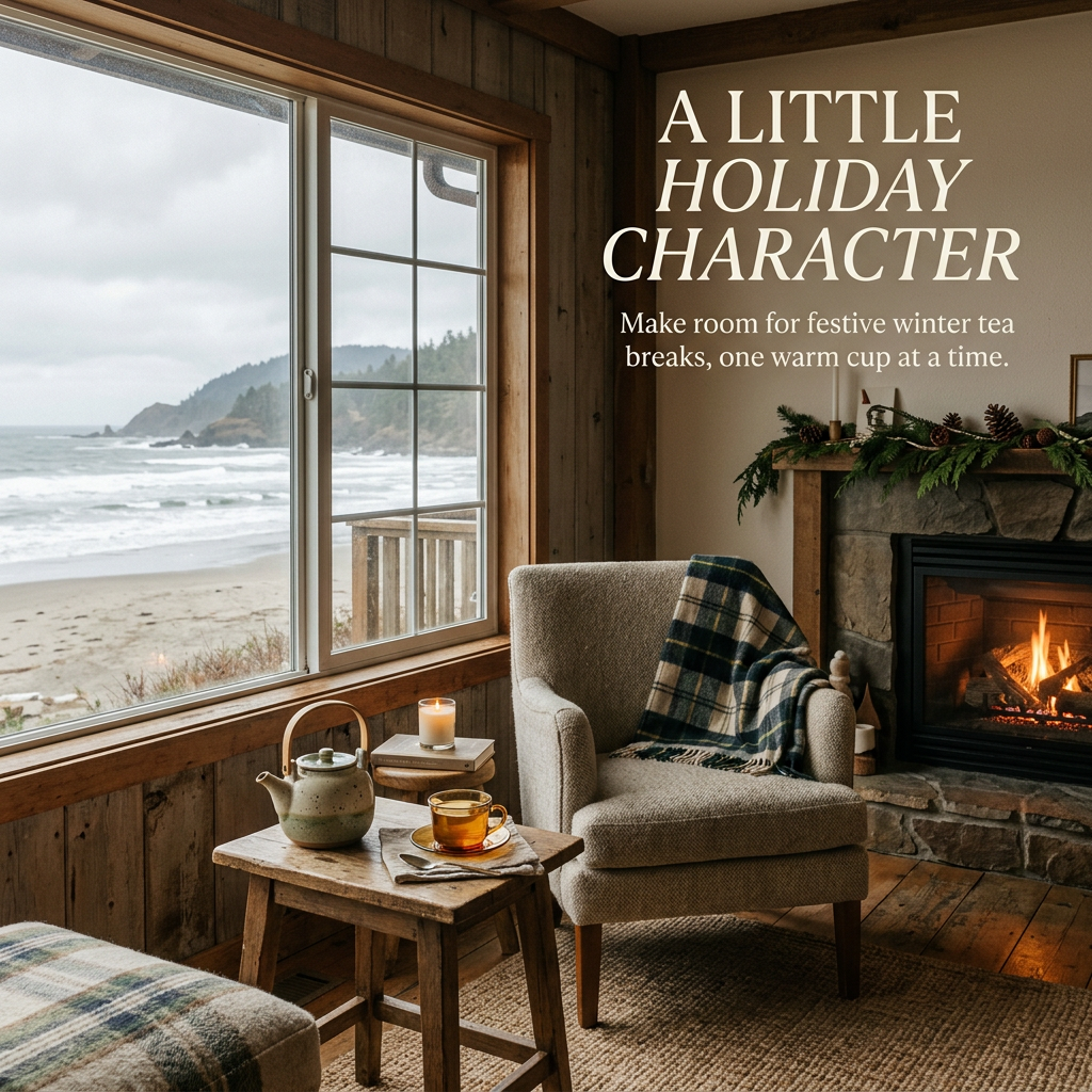 A festive winter tea break by the fireplace in a coastal cottage.