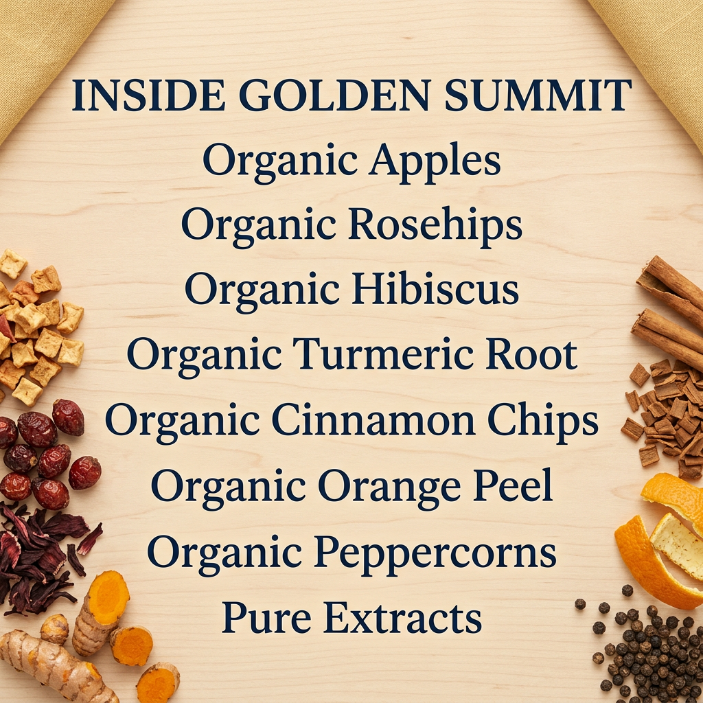 Golden Summit ingredients: organic apples, rosehips, hibiscus, turmeric root, cinnamon chips, orange peel, peppercorns and pure extracts.