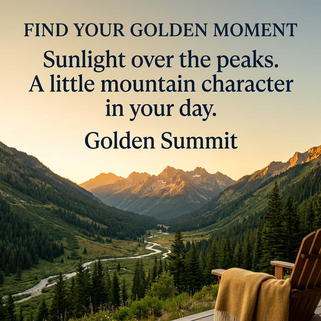 Golden Summit brand story: find your golden moment with sunlight over the peaks and mountain character.