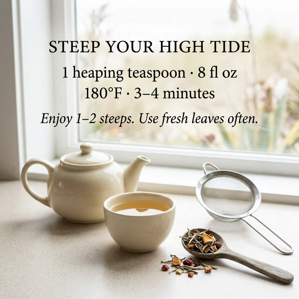 Peninsula High Tide brewing: 1 heaping teaspoon per 8 fl oz, 180°F, 3–4 minutes. Enjoy 1–2 steeps; use fresh leaves often.