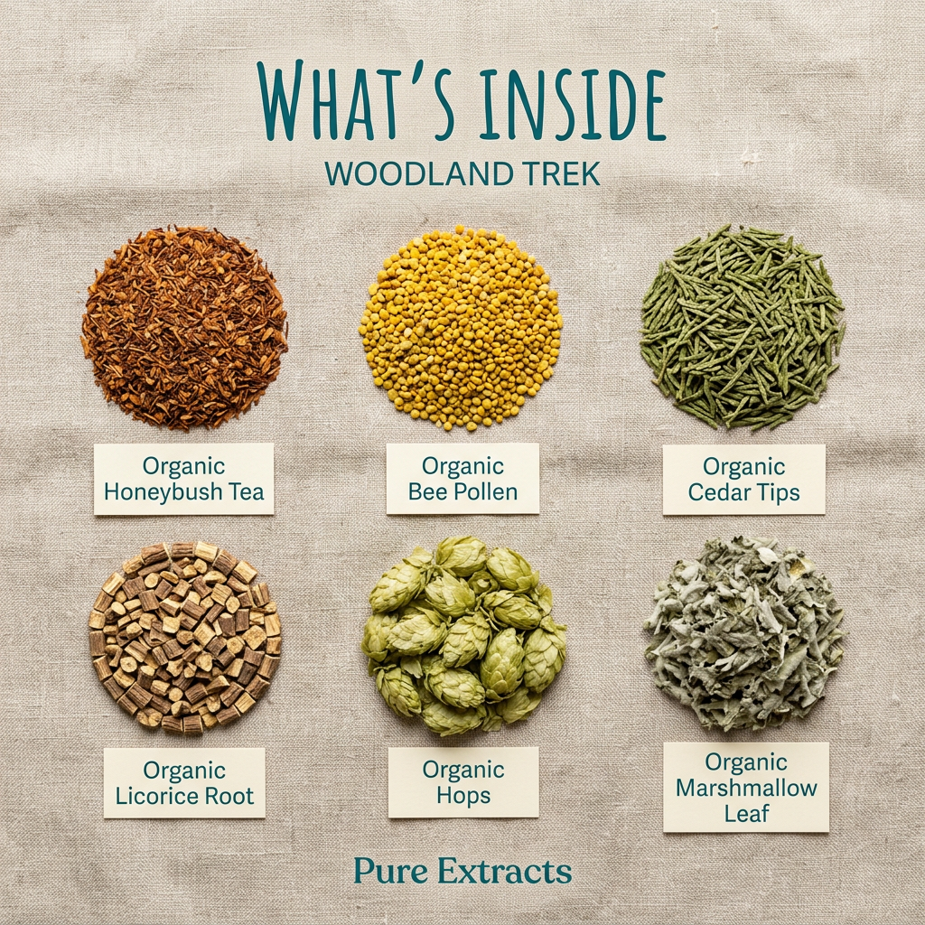 Woodland Trek ingredients: honeybush tea, bee pollen, cedar tips, licorice root, hops, marshmallow leaf and pure extracts.