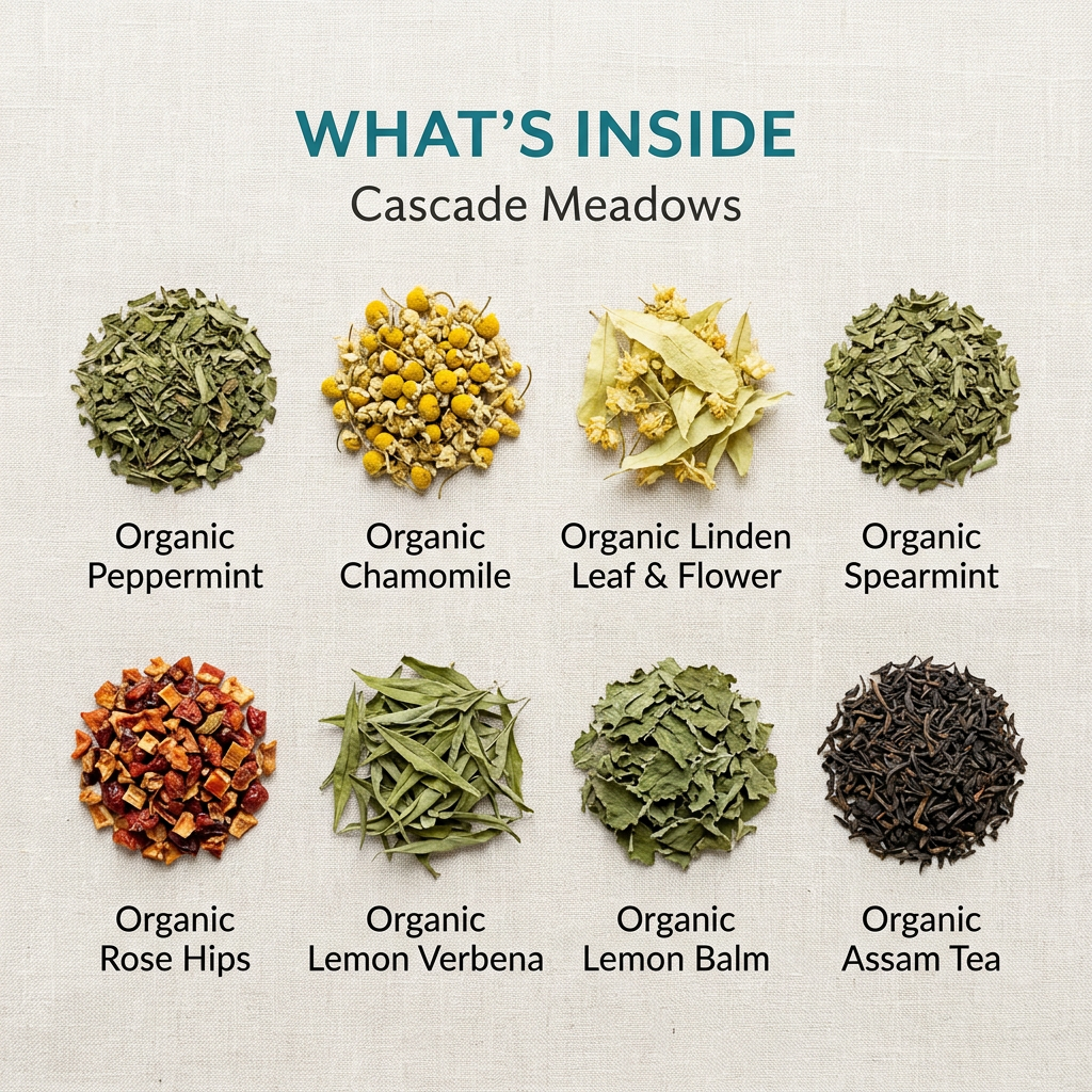 Cascade Meadows ingredients: peppermint, chamomile, linden, spearmint, rose hips, lemon verbena, lemon balm and Assam tea, without packaging.