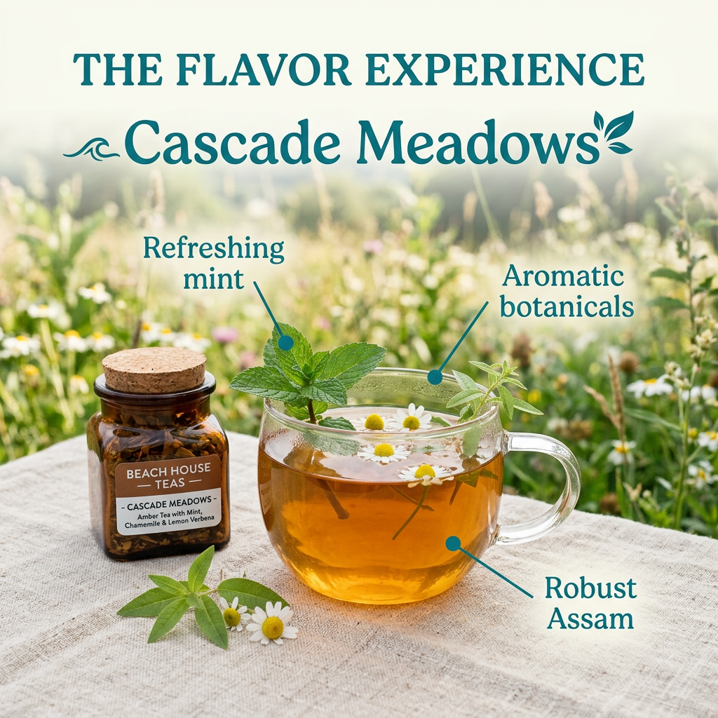 Cascade Meadows flavor slide highlighting refreshing mint, aromatic botanicals and robust Assam.