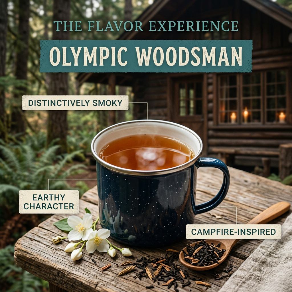 Olympic Woodsman flavor slide highlighting smoky, earthy, campfire-inspired character.