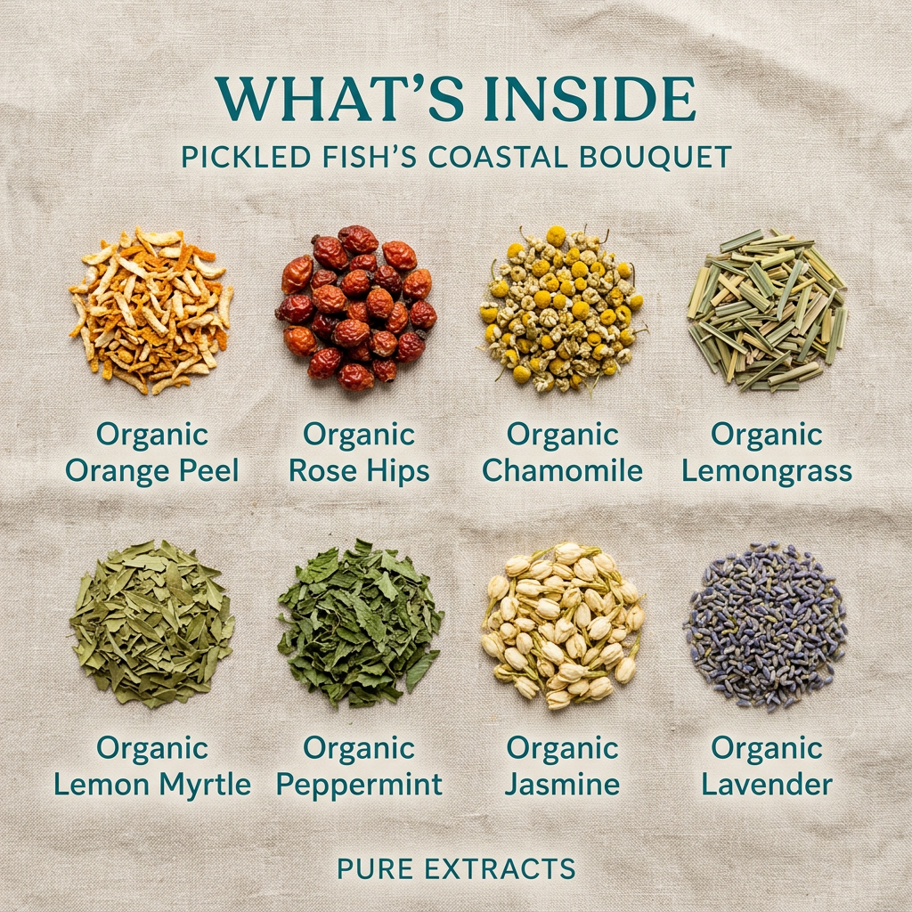 Coastal Bouquet ingredients: orange peel, rose hips, chamomile, lemongrass, lemon myrtle, peppermint, jasmine, lavender and pure extracts, without packaging.