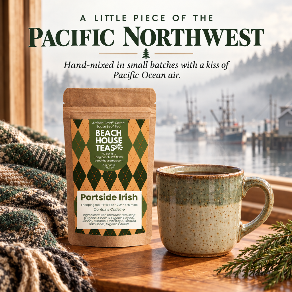 Port Side Irish pouch and ceramic tea mug beside wool textiles with misty fishing boats outside a harbor window.