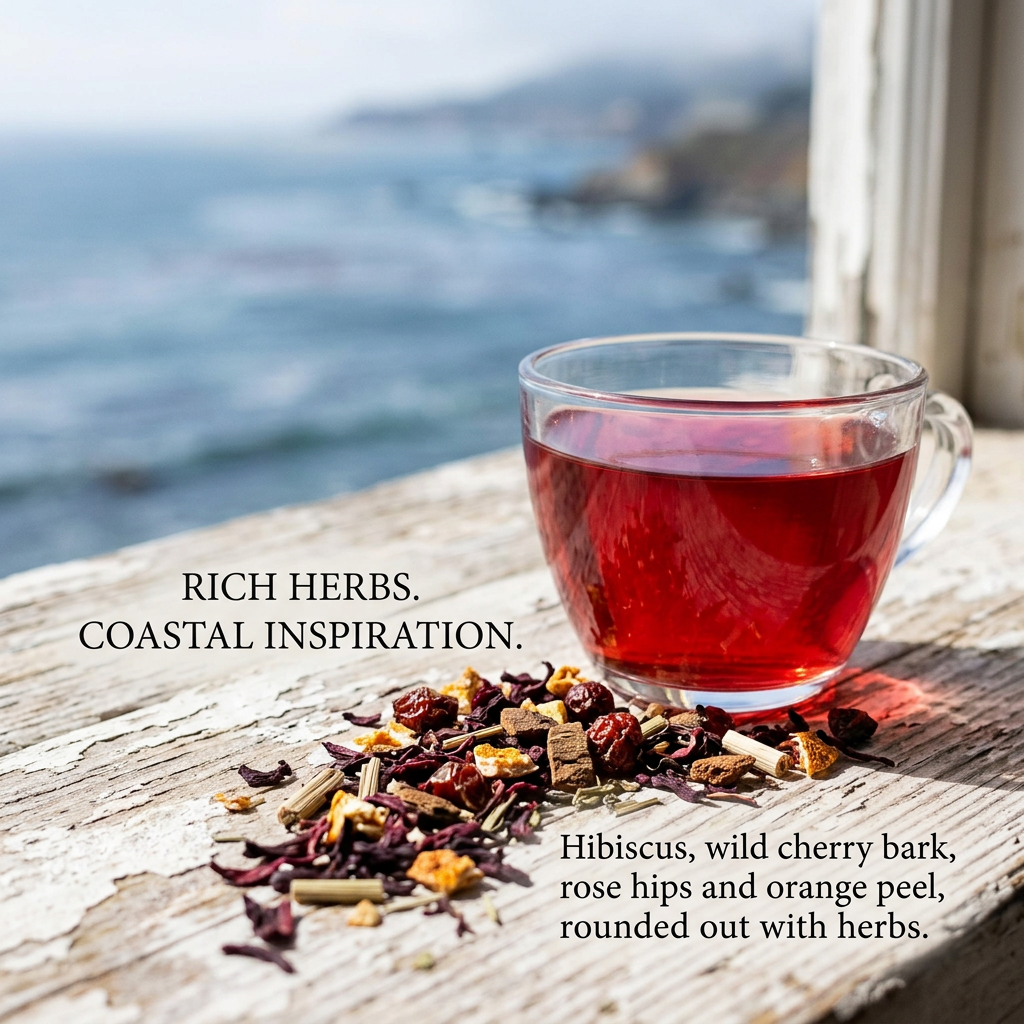 Ocean Shores hibiscus, wild cherry bark, rose hips and orange peel herbal blend beside ruby tea.