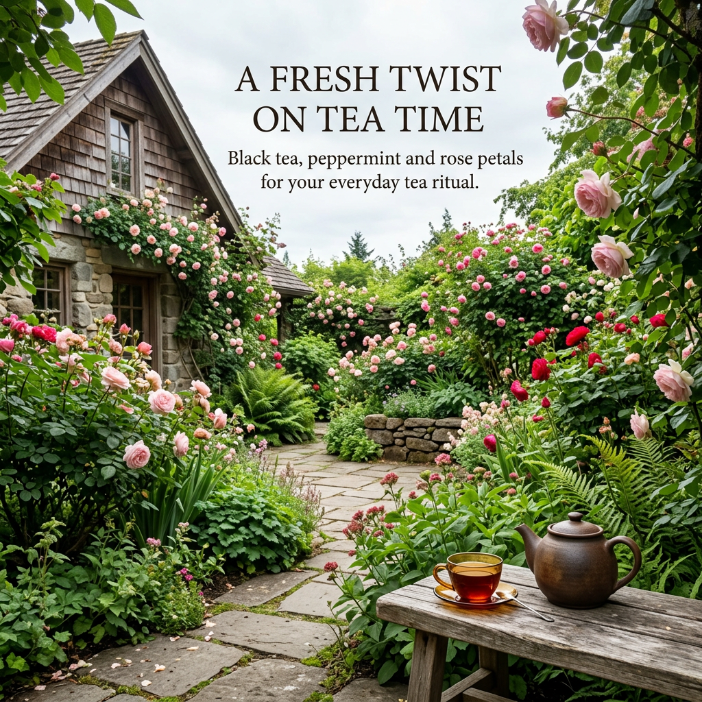 Rose City Dark tea ritual in a quiet cottage rose garden.