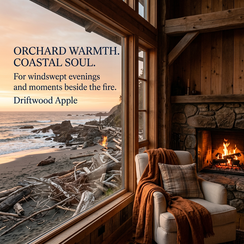 Orchard warmth, coastal soul: Driftwood Apple brand story beside a coastal cottage fireplace overlooking a driftwood beach.