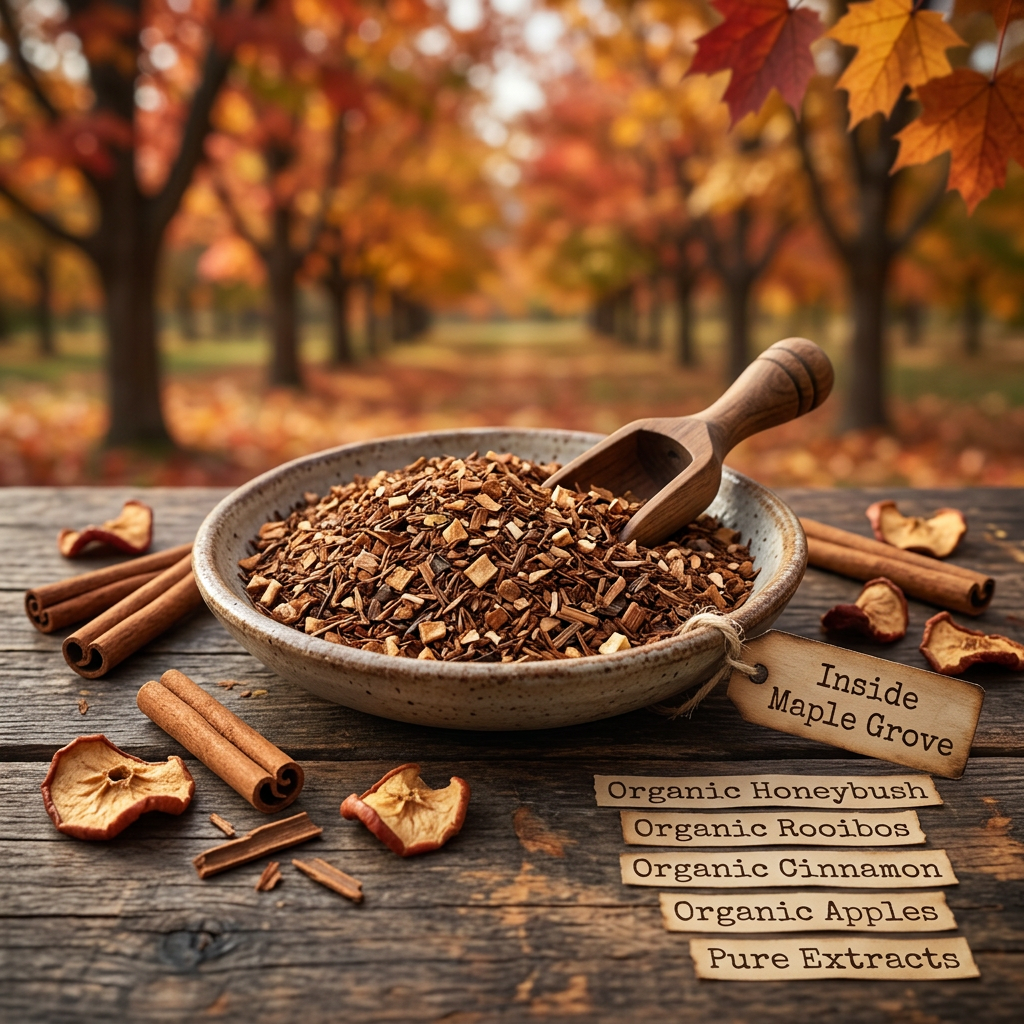 Maple Grove ingredients: organic honeybush, rooibos, cinnamon, apples and pure extracts, in an autumn woodland scene.