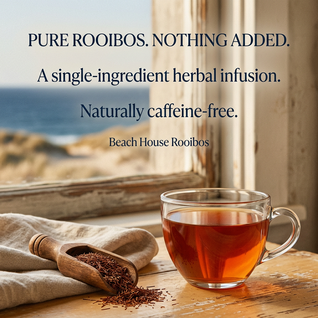 A glass cup of amber-red rooibos beside a wooden scoop of dried rooibos and oatmeal linen at a coastal window. Pure rooibos. Nothing added. A single-ingredient herbal infusion. Naturally caffeine-free. Beach House Rooibos.
