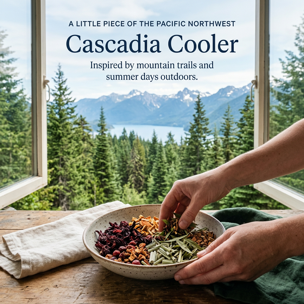 Illustrative Cascadia Cooler brand slide showing hands arranging herbal ingredients beside an open cabin window overlooking evergreen forest, a mountain lake and Cascade peaks.