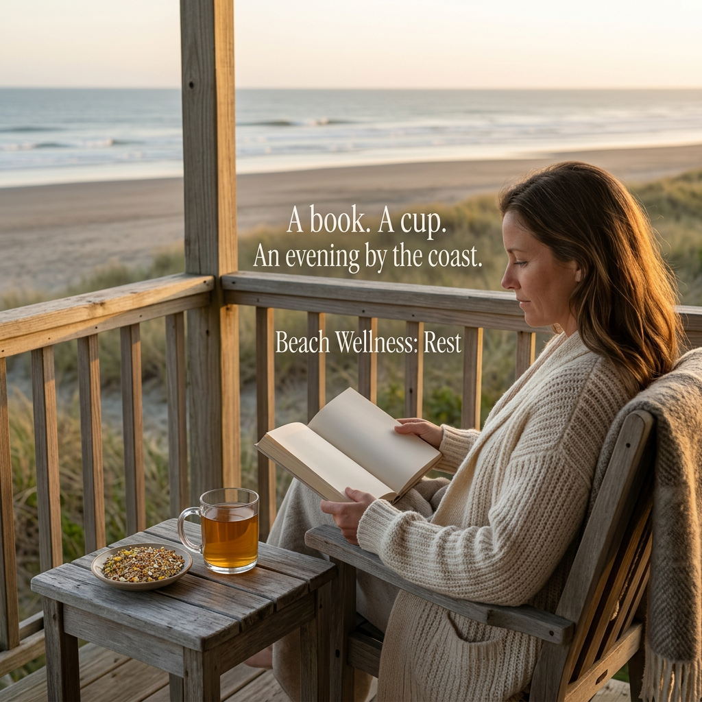 Woman reading on a coastal porch beside Rest tea and a separate dish of loose herbal blend at golden hour.
