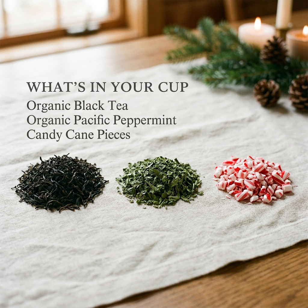 Peppermint Frost ingredients: organic black tea, organic Pacific peppermint and candy cane pieces.