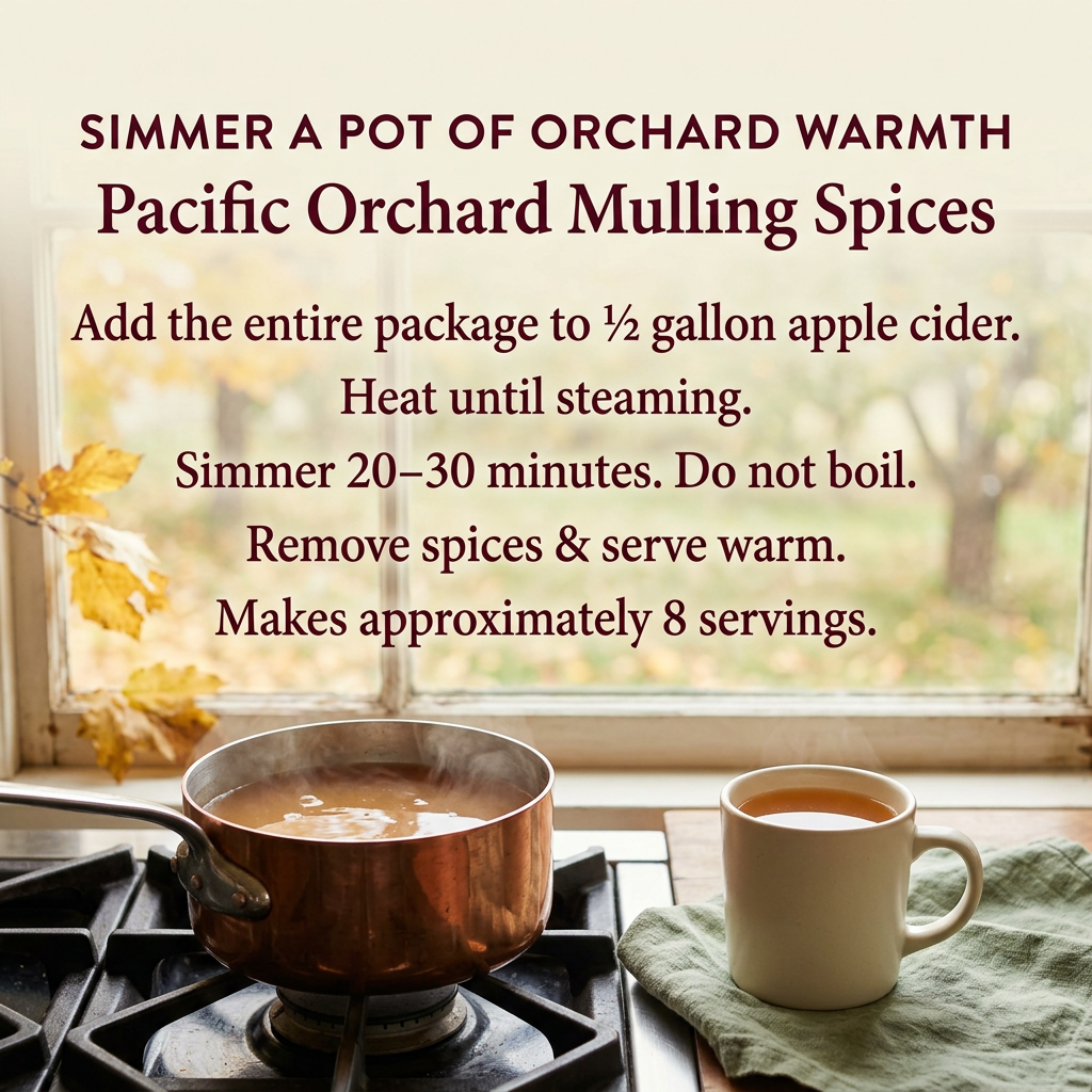Pacific Orchard preparation: entire package with half a gallon apple cider, heat until steaming, simmer 20–30 minutes without boiling, remove spices and serve warm. Approximately eight servings.
