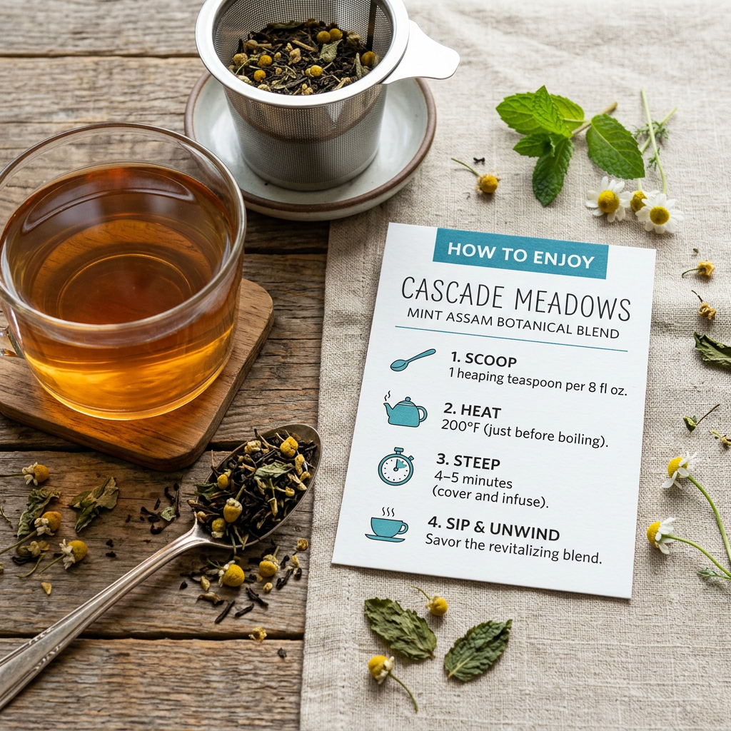 Cascade Meadows brewing guide: 1 heaping teaspoon per 8 fl oz, water at 200°F, steep 4–5 minutes.