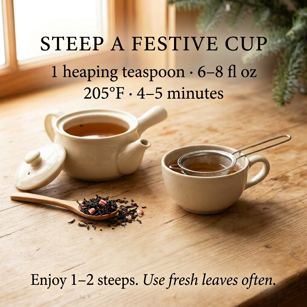 Peppermint Frost brewing: 1 heaping teaspoon per 6–8 fl oz, 205°F, 4–5 minutes. Enjoy 1–2 steeps; use fresh leaves often.