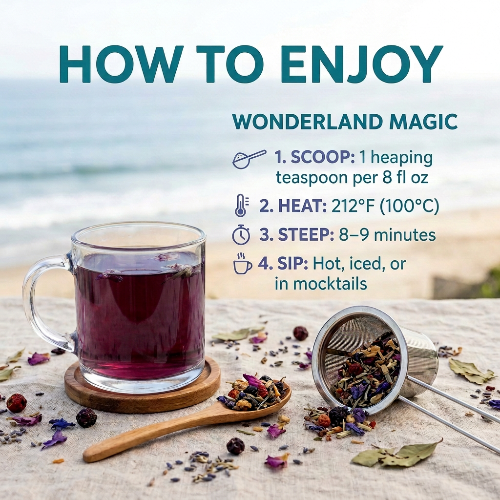 Wonderland Magic maroon tea brewing guide: 212°F, steep 8–9 minutes.