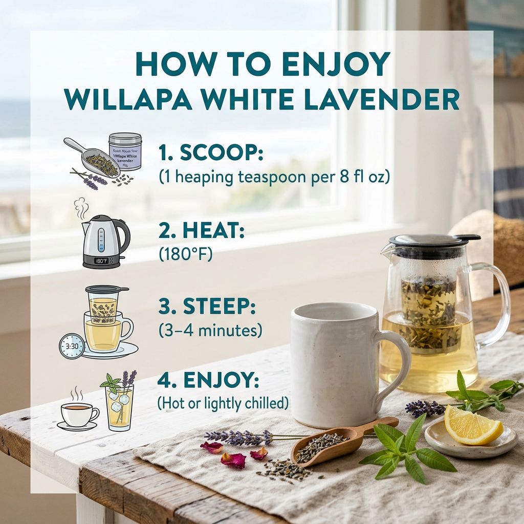 Willapa White Lavender brewing guide: one heaping teaspoon per 8 fl oz, 180°F water, steep 3–4 minutes.