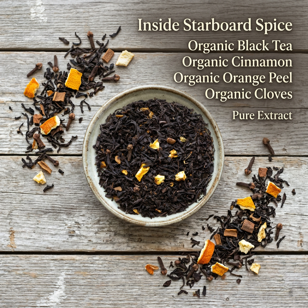 Starboard Spice ingredients: organic black tea, organic cinnamon, organic orange peel, organic cloves and pure extract.