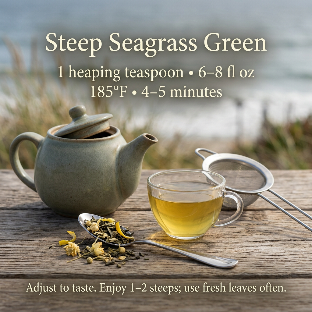 Seagrass Green brewing: 1 heaping teaspoon per 6–8 fl oz, 185°F for 4–5 minutes. Adjust to taste; enjoy 1–2 steeps and use fresh leaves often.