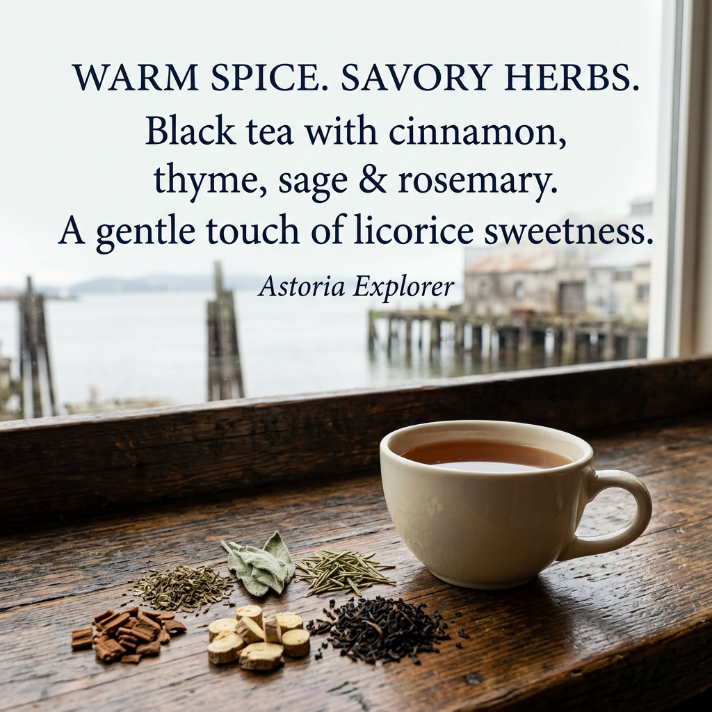 A cream cup of amber tea beside black tea, cinnamon, thyme, sage, rosemary and licorice root at an Astoria-inspired waterfront cafe window. Warm spice. Savory herbs. A gentle touch of licorice sweetness.