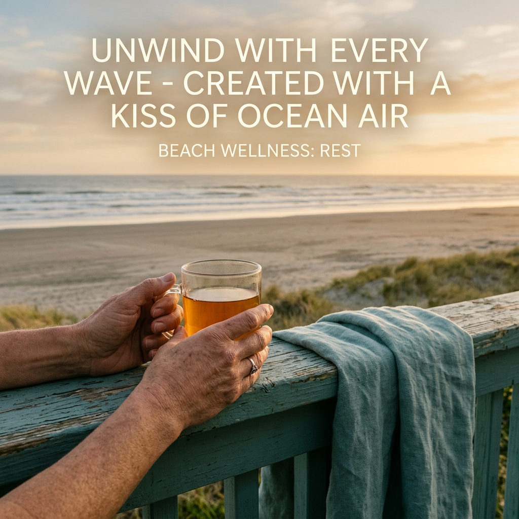 Hands holding Rest tea overlooking the beach with the motto Unwind With Every Wave - Created With A Kiss Of Ocean Air.