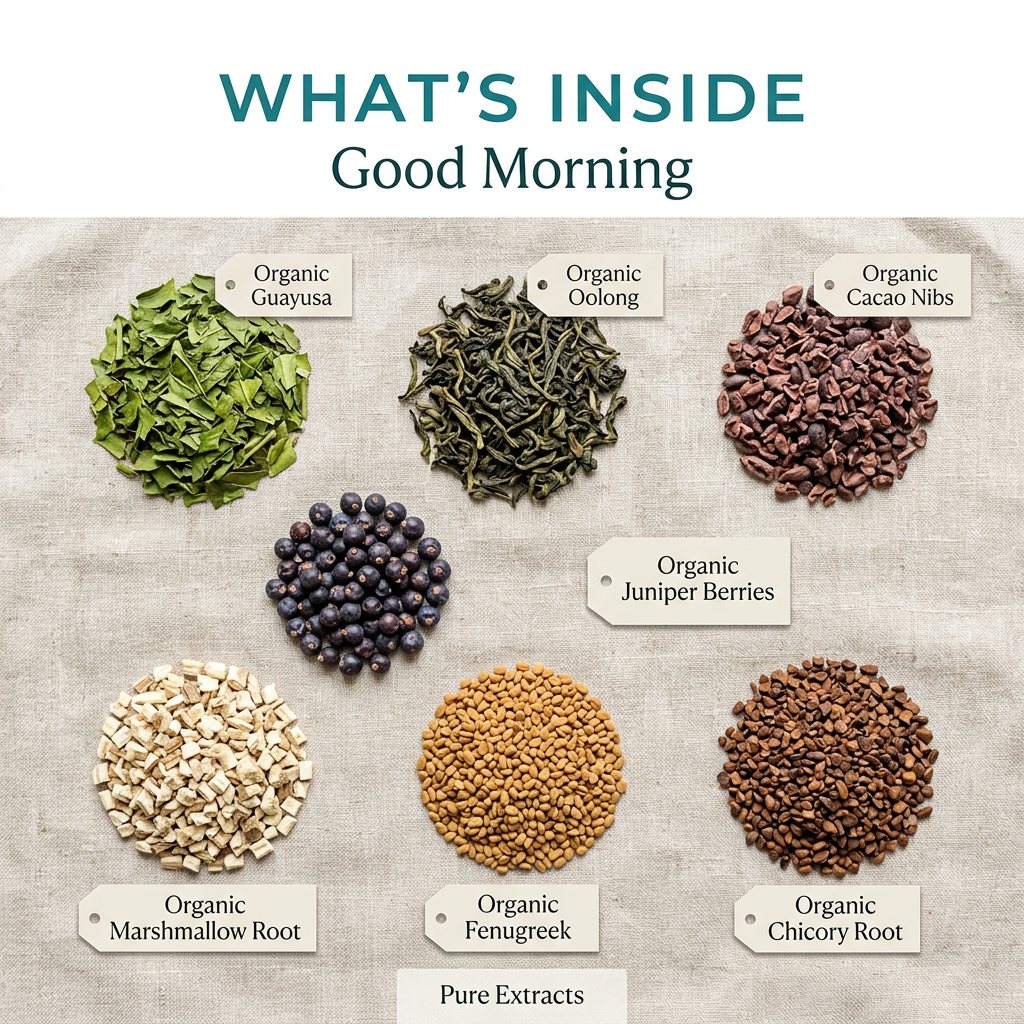 Good Morning ingredients: guayusa, oolong, cacao nibs, juniper berries, marshmallow root, fenugreek, chicory root and pure extracts, without packaging.