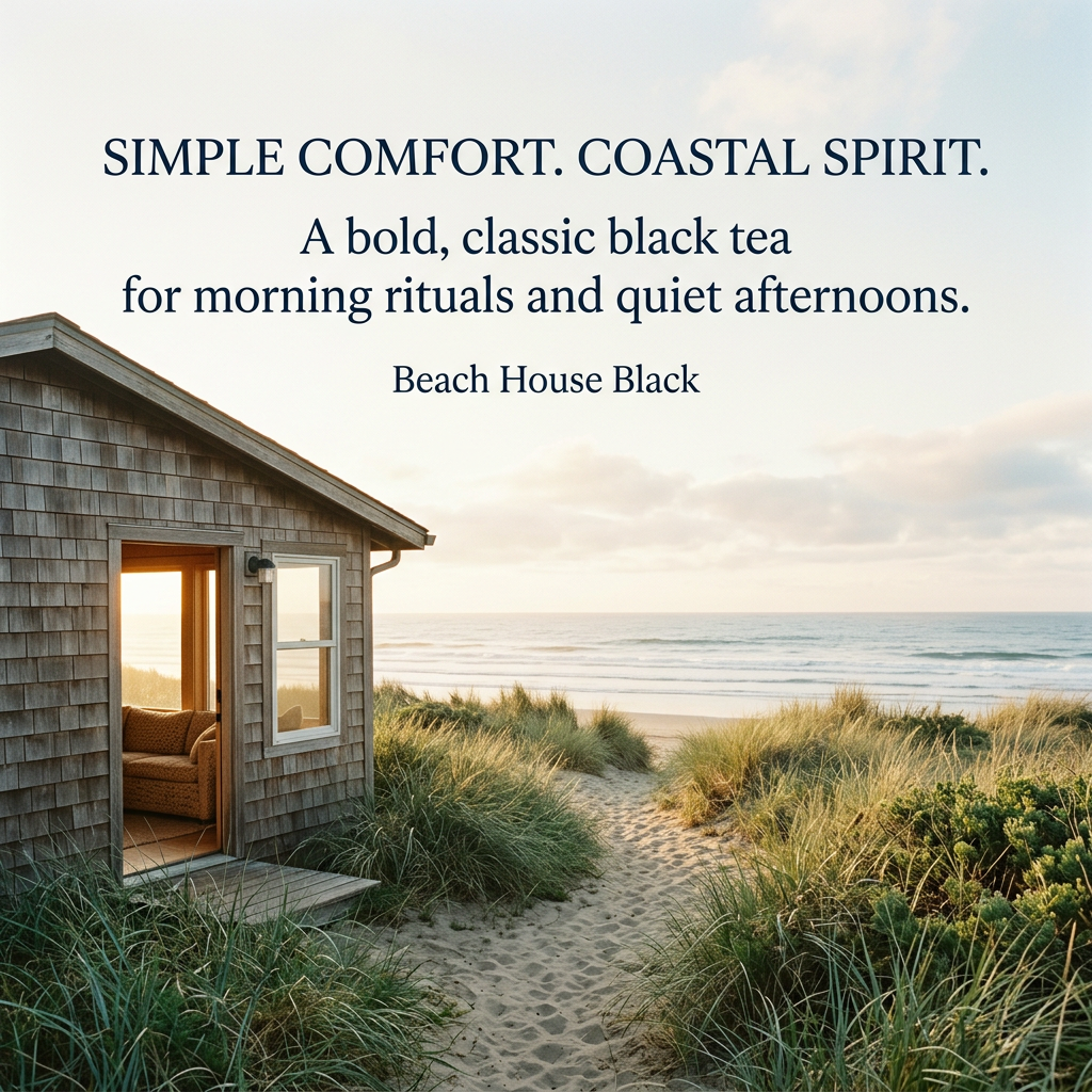 A cedar beach cottage beside a sandy path through dune grasses toward the ocean. Simple comfort. Coastal spirit. Beach House Black, a bold, classic black tea for morning rituals and quiet afternoons.