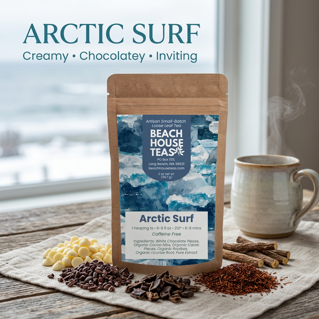 Arctic Surf rooibos blend product hero with white chocolate and cocoa accents.