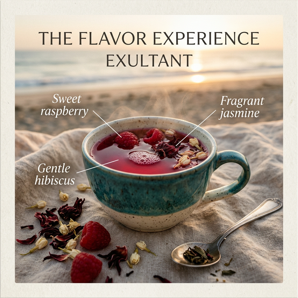Exultant flavor slide highlighting raspberry, hibiscus and jasmine.