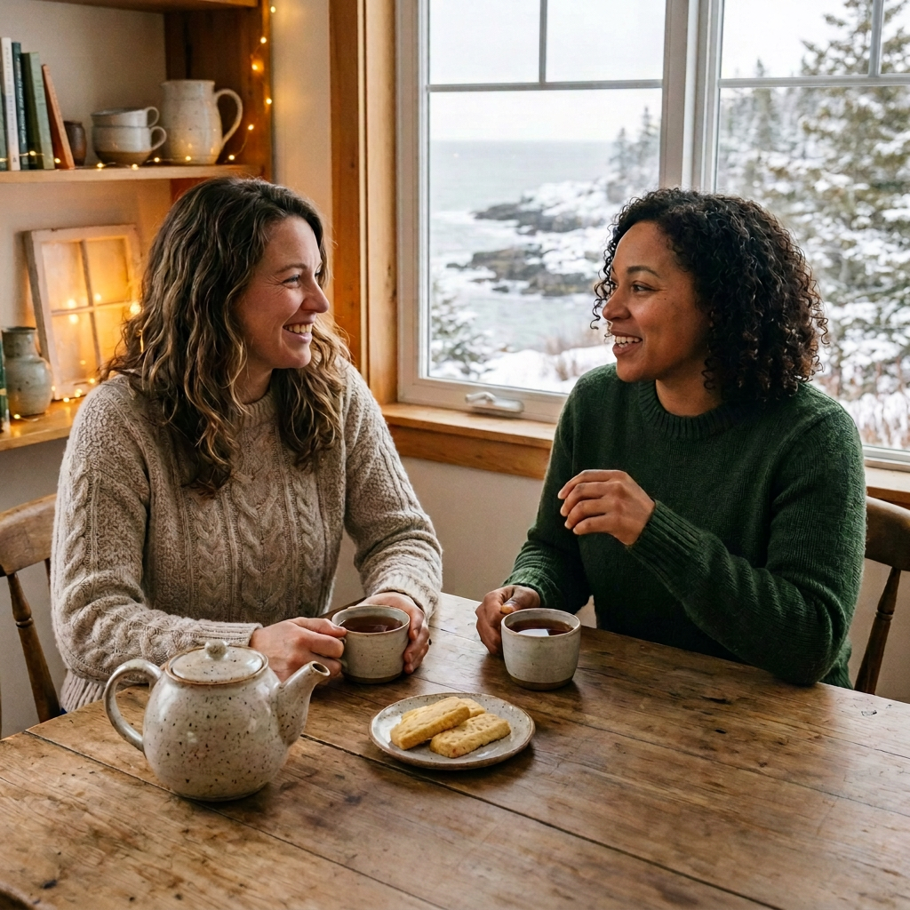 Two friends sharing black tea and buttery shortbread in a warm coastal cottage.