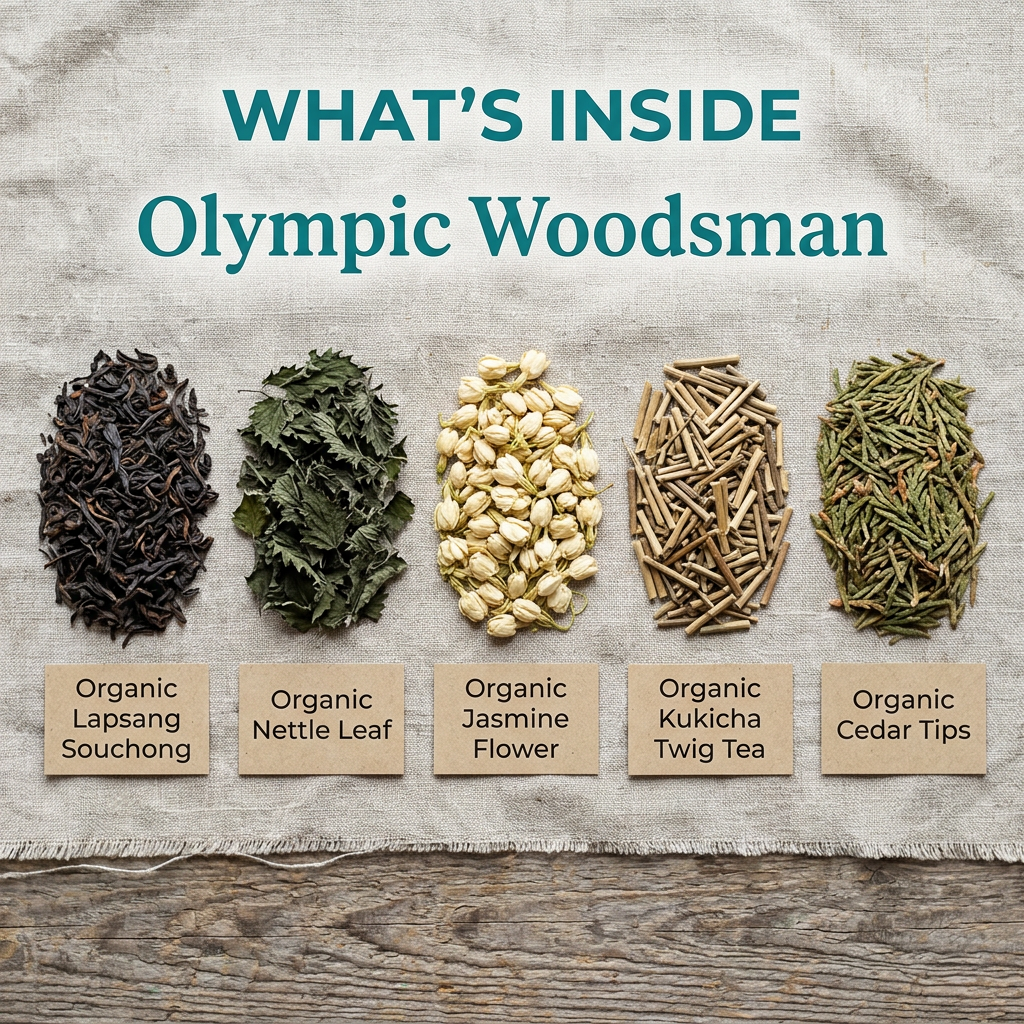 Olympic Woodsman ingredients: organic lapsang souchong, nettle leaf, jasmine flower, kukicha twig tea and cedar tips.