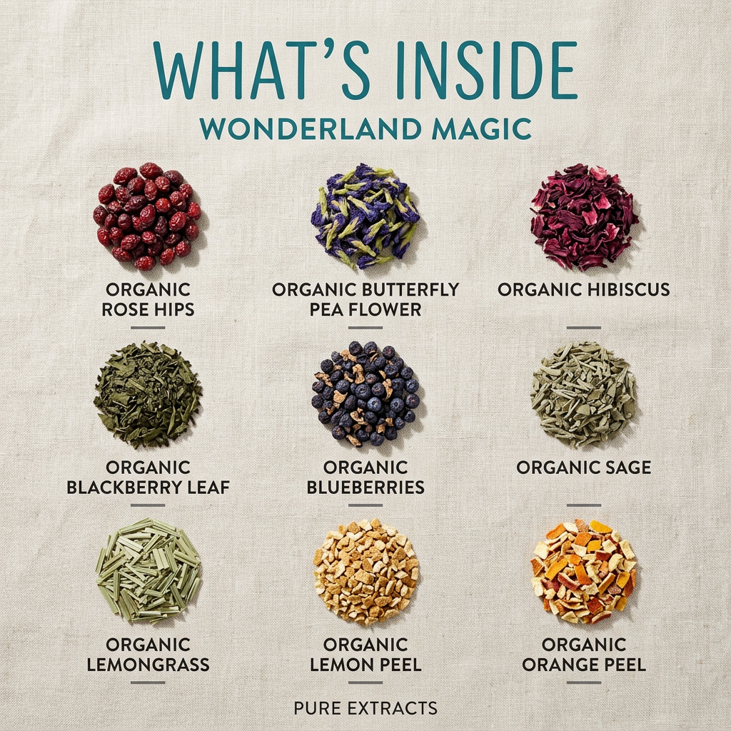 Wonderland Magic ingredients: rose hips, butterfly pea flower, hibiscus, blackberry leaf, blueberries, sage, lemongrass, lemon peel, orange peel and pure extracts, without packaging.